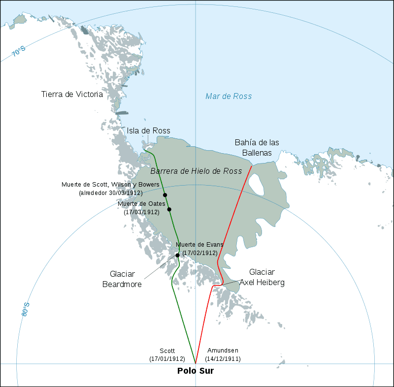 Foto: Robot8A - Arriba: Mosaico de imágenes Landsat de la Antártida - Las dos rutas diferentes tomadas por Scott y Amundsen